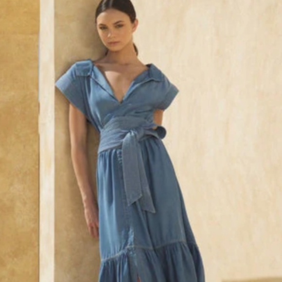 V-Neck Blue Maxi Dress with Wrap Tie Waist